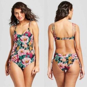 Tori Praver Floral Print One Piece Lace Up Open Back Swimsuit Size Small